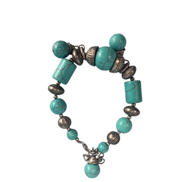 Faux Turquoise & Antique Silver Charm Beaded Bracelet W/Adjustable Chain Clasp - Picture 4 of 5